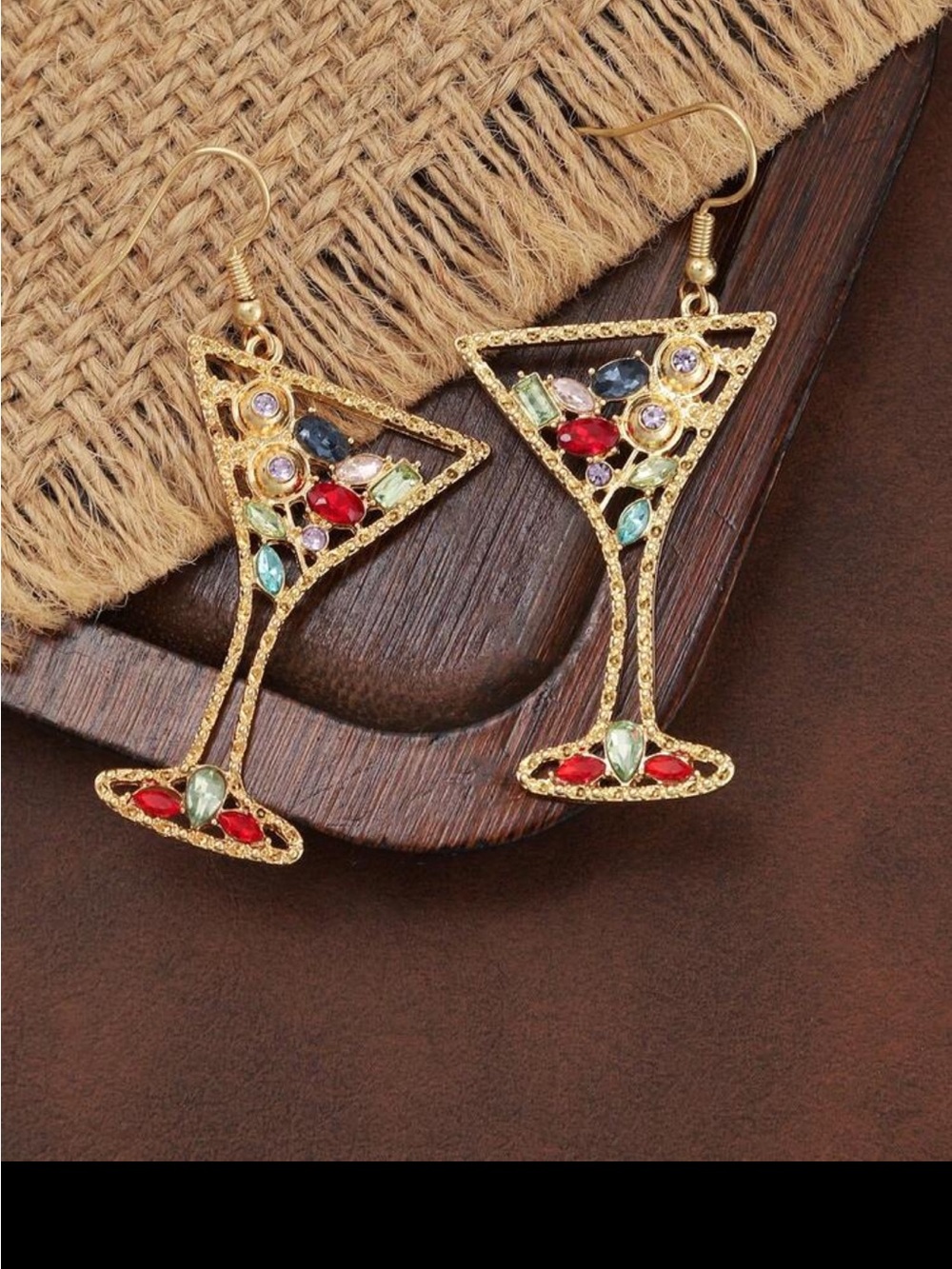 Gold Cocktail Glass Drop Earrings with Multicolor Stones
